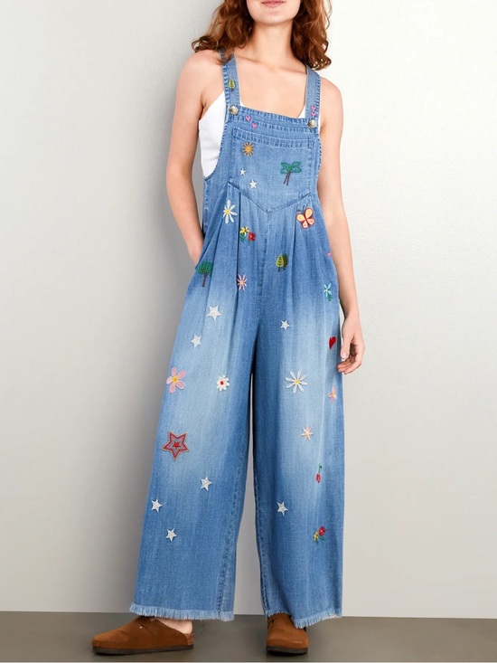 Billy T Pants - Billy T Oooh La La Embroidered Wide Leg Denim Overalls S